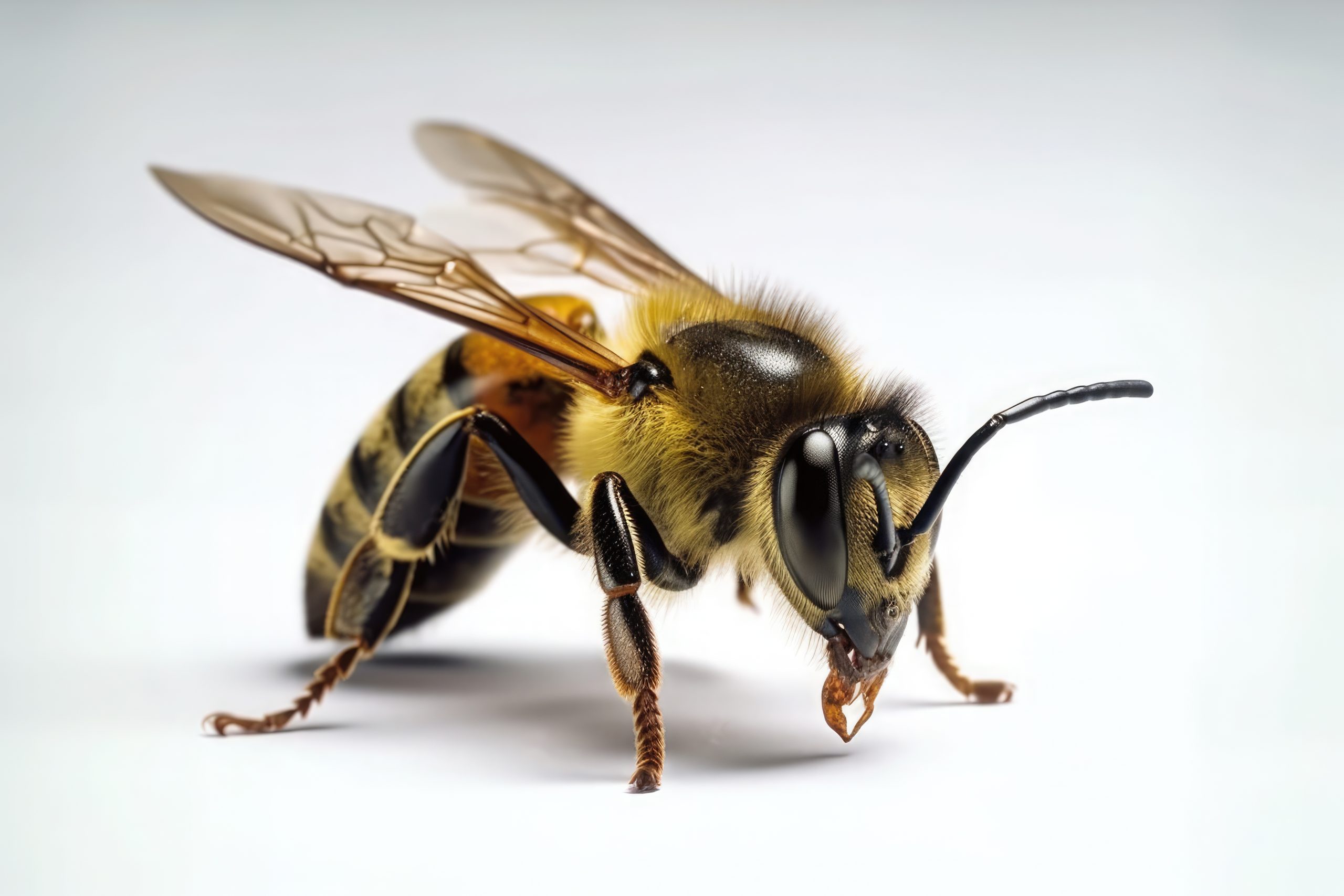 Highly detailed macro image of a bee isolated on white background background.